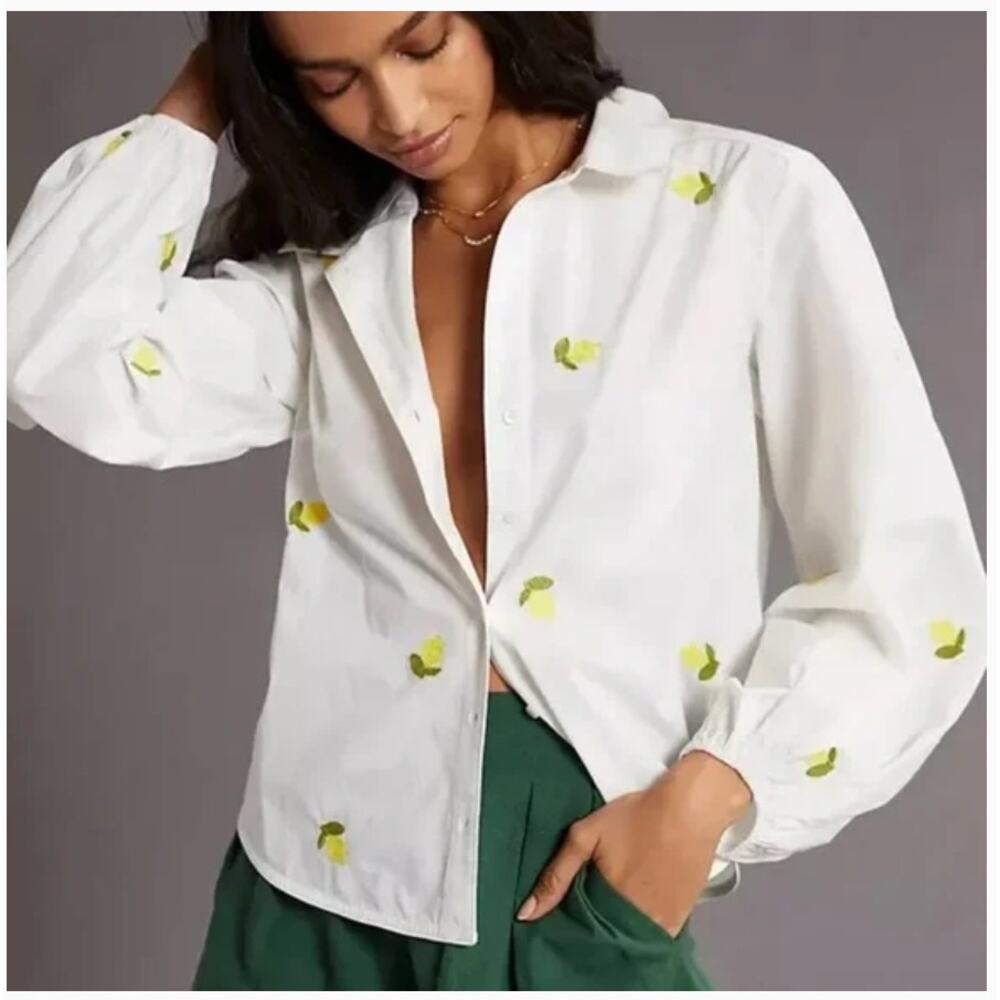 Anthropologie White Button-Down Shirt with Yellow Lemon Print